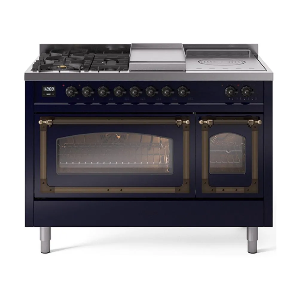 Ilve UN48FSNMPMBB Ilve Un48Fsnmpmbb Nostalgie Ii Noblesse 48" Dual Fuel Range (5 Sealed Burners   Griddle   French Top, Natural Gas, Triple Glass Door, Midnight Blue, Burnished)