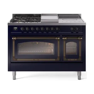 Ilve UN48FSNMPMBB Ilve Un48Fsnmpmbb Nostalgie Ii Noblesse 48" Dual Fuel Range (5 Sealed Burners   Griddle   French Top, Natural Gas, Triple Glass Door, Midnight Blue, Burnished)
