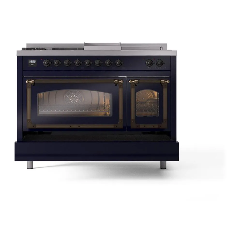 Ilve UN48FSNMPMBB Ilve Un48Fsnmpmbb Nostalgie Ii Noblesse 48" Dual Fuel Range (5 Sealed Burners   Griddle   French Top, Natural Gas, Triple Glass Door, Midnight Blue, Burnished)