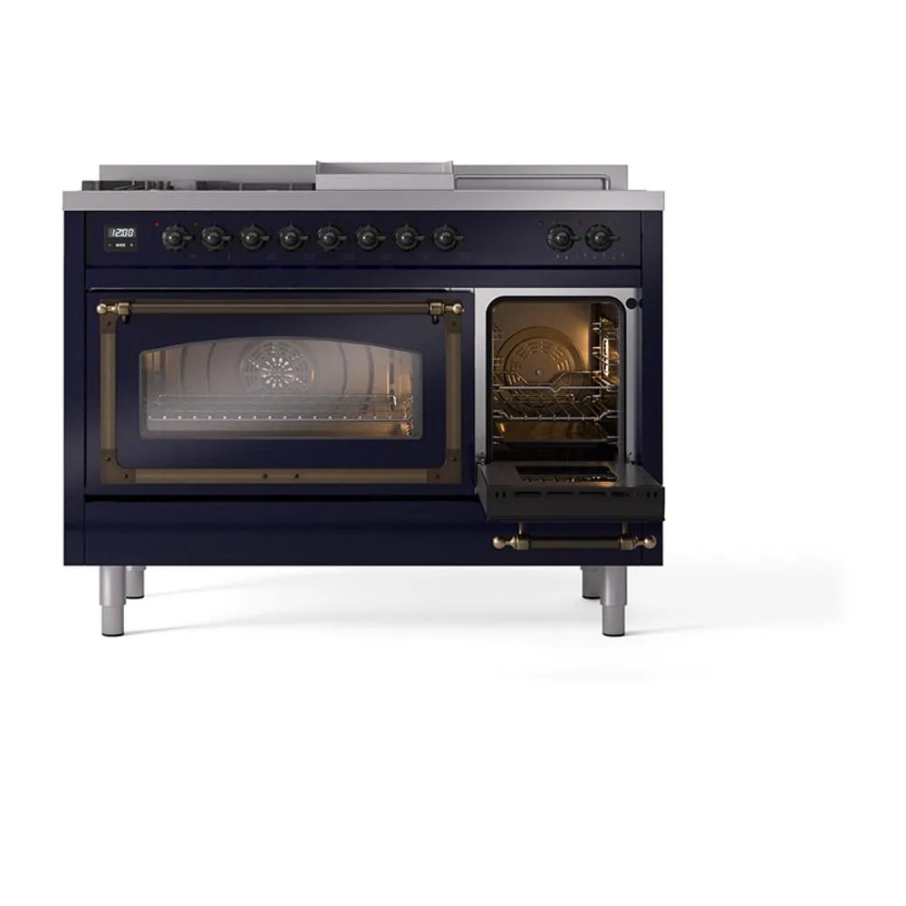 Ilve UN48FSNMPMBB Ilve Un48Fsnmpmbb Nostalgie Ii Noblesse 48" Dual Fuel Range (5 Sealed Burners   Griddle   French Top, Natural Gas, Triple Glass Door, Midnight Blue, Burnished)
