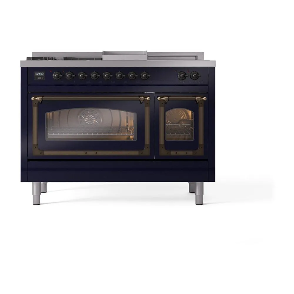 Ilve UN48FSNMPMBBLP Ilve Un48Fsnmpmbblp Nostalgie Ii Noblesse 48" Dual Fuel Range (5 Sealed Burners   Griddle   French Top, Liquid Propane, Triple Glass Door, Midnight Blue, Burnished)
