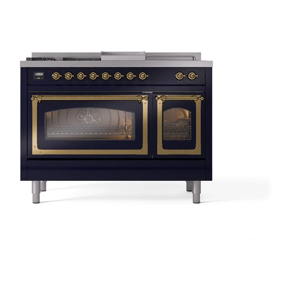 Ilve UN48FSNMPMBG Ilve Un48Fsnmpmbg Nostalgie Ii Noblesse 48" Dual Fuel Range (5 Sealed Burners   Griddle   French Top, Natural Gas, Triple Glass Door, Midnight Blue, Brass)
