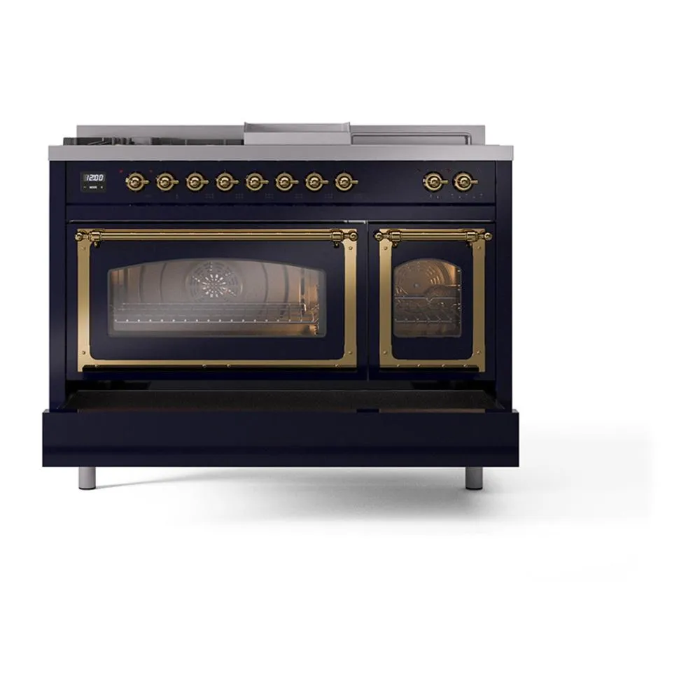 Ilve UN48FSNMPMBG Ilve Un48Fsnmpmbg Nostalgie Ii Noblesse 48" Dual Fuel Range (5 Sealed Burners   Griddle   French Top, Natural Gas, Triple Glass Door, Midnight Blue, Brass)