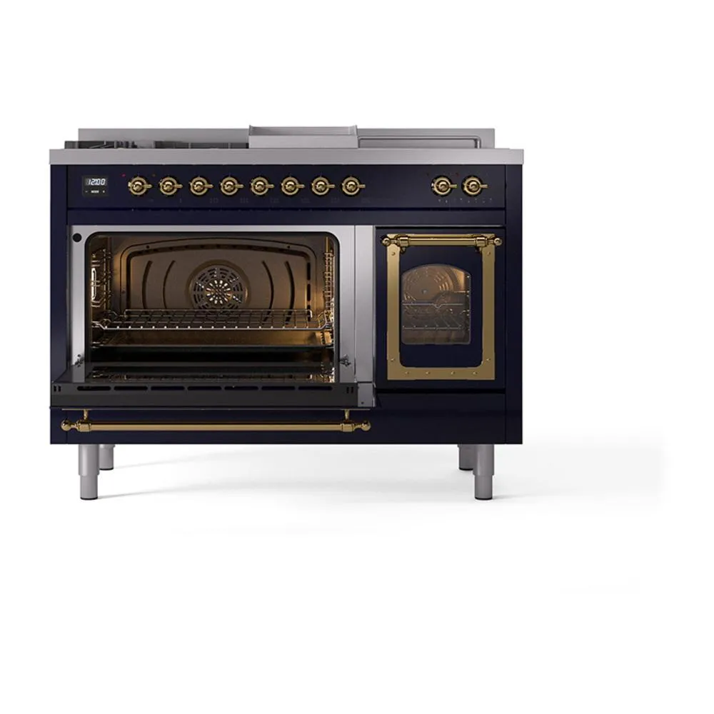 Ilve UN48FSNMPMBG Ilve Un48Fsnmpmbg Nostalgie Ii Noblesse 48" Dual Fuel Range (5 Sealed Burners   Griddle   French Top, Natural Gas, Triple Glass Door, Midnight Blue, Brass)