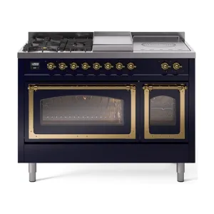 Ilve UN48FSNMPMBG Ilve Un48Fsnmpmbg Nostalgie Ii Noblesse 48" Dual Fuel Range (5 Sealed Burners   Griddle   French Top, Natural Gas, Triple Glass Door, Midnight Blue, Brass)