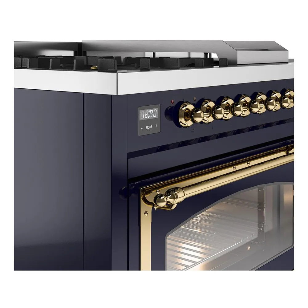 Ilve UN48FSNMPMBG Ilve Un48Fsnmpmbg Nostalgie Ii Noblesse 48" Dual Fuel Range (5 Sealed Burners   Griddle   French Top, Natural Gas, Triple Glass Door, Midnight Blue, Brass)