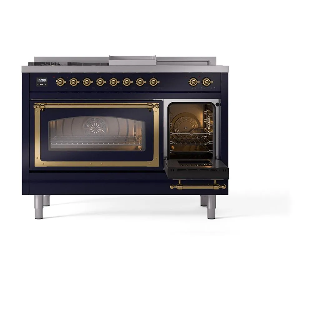 Ilve UN48FSNMPMBG Ilve Un48Fsnmpmbg Nostalgie Ii Noblesse 48" Dual Fuel Range (5 Sealed Burners   Griddle   French Top, Natural Gas, Triple Glass Door, Midnight Blue, Brass)