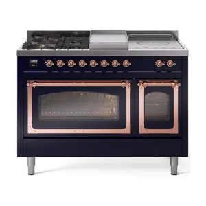 Ilve UN48FSNMPMBP Ilve Un48Fsnmpmbp Nostalgie Ii Noblesse 48" Dual Fuel Range (5 Sealed Burners   Griddle   French Top, Natural Gas, Triple Glass Door, Midnight Blue, Copper)