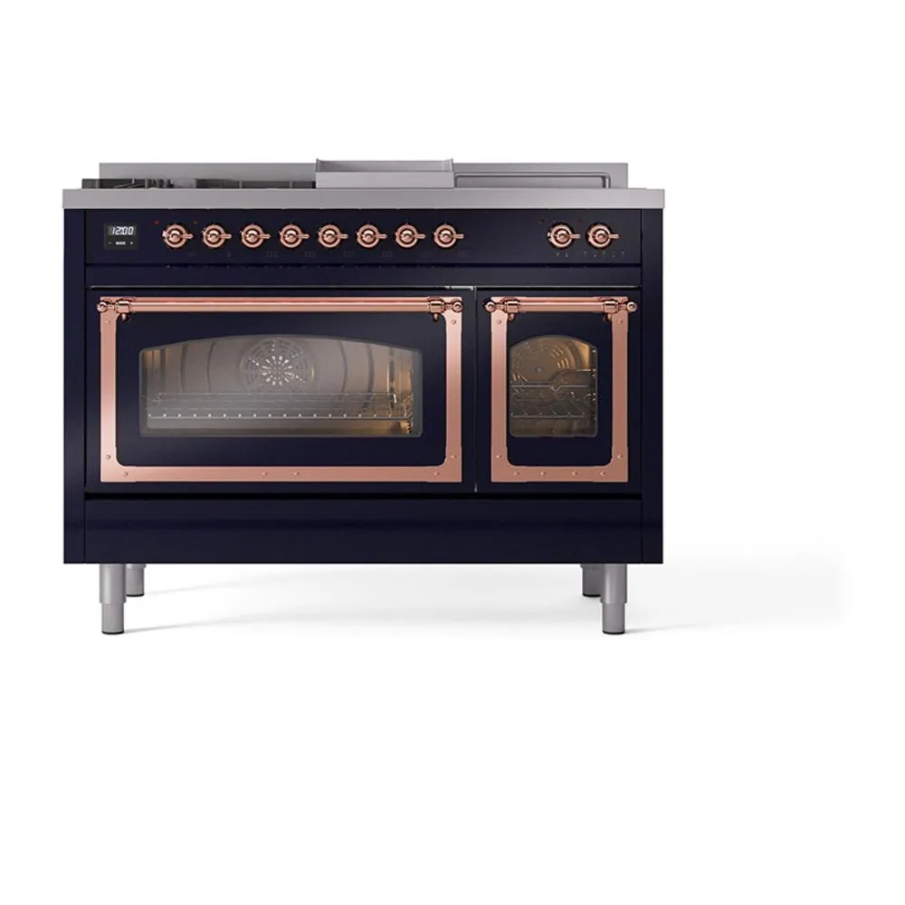 Ilve UN48FSNMPMBP Ilve Un48Fsnmpmbp Nostalgie Ii Noblesse 48" Dual Fuel Range (5 Sealed Burners   Griddle   French Top, Natural Gas, Triple Glass Door, Midnight Blue, Copper)