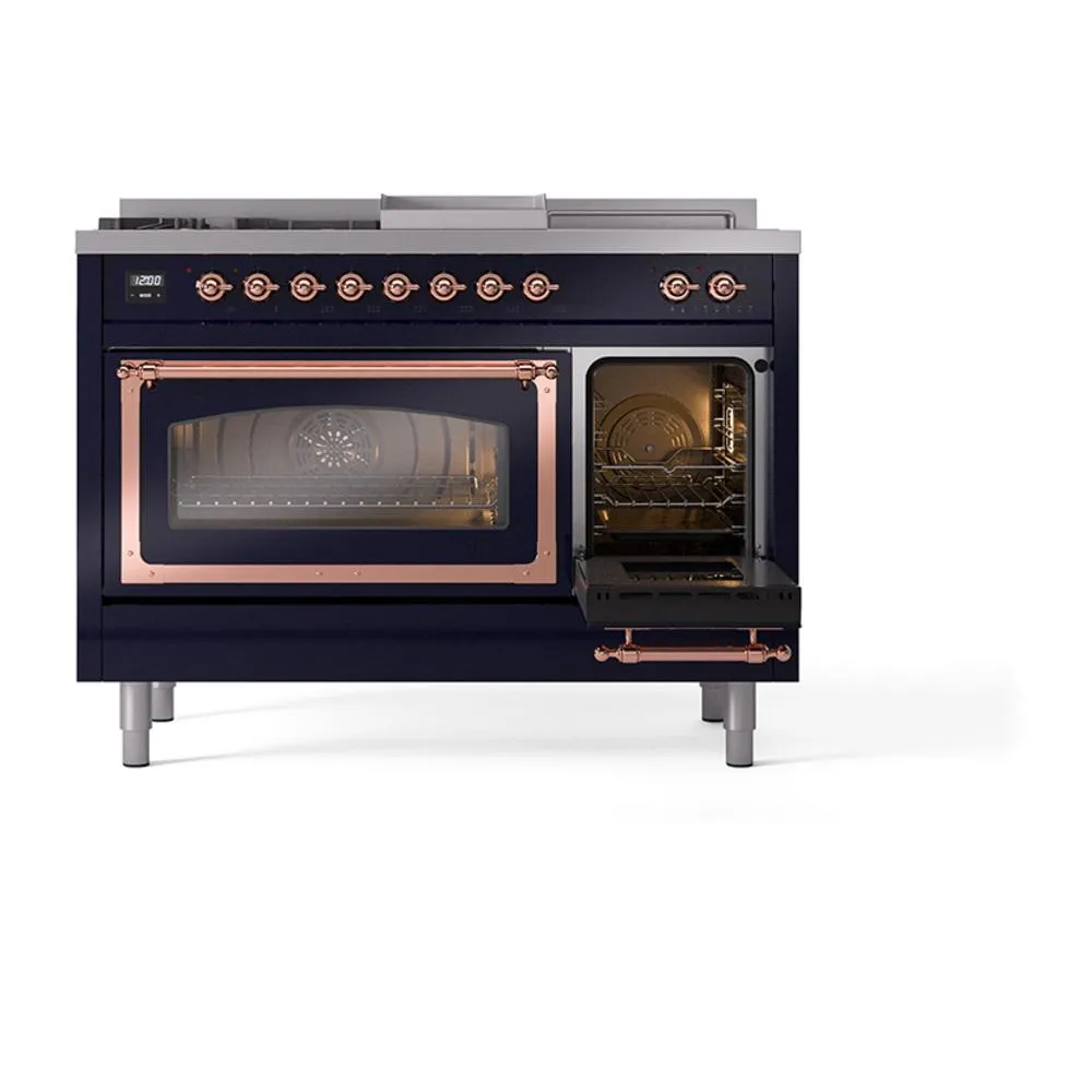 Ilve UN48FSNMPMBP Ilve Un48Fsnmpmbp Nostalgie Ii Noblesse 48" Dual Fuel Range (5 Sealed Burners   Griddle   French Top, Natural Gas, Triple Glass Door, Midnight Blue, Copper)