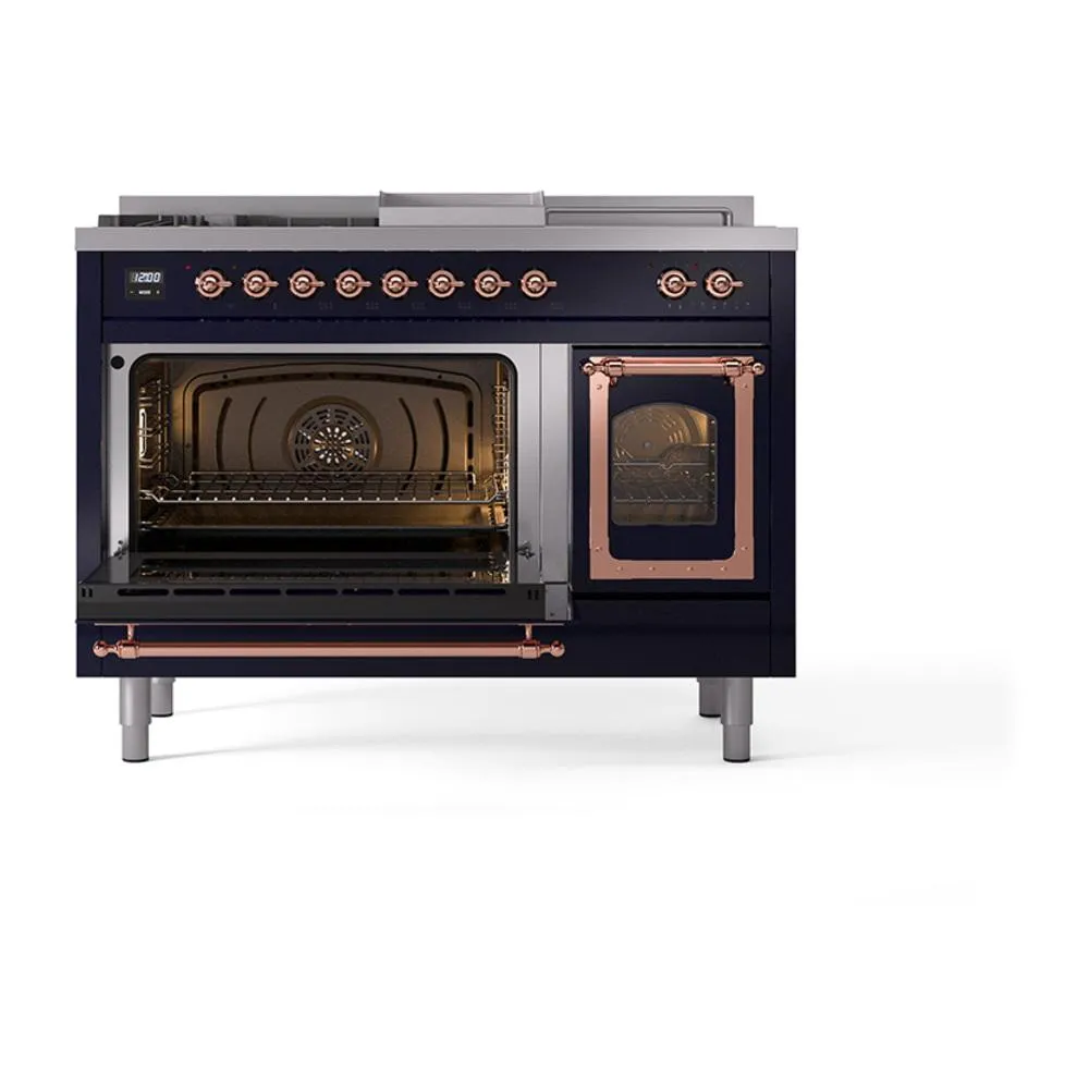 Ilve UN48FSNMPMBP Ilve Un48Fsnmpmbp Nostalgie Ii Noblesse 48" Dual Fuel Range (5 Sealed Burners   Griddle   French Top, Natural Gas, Triple Glass Door, Midnight Blue, Copper)