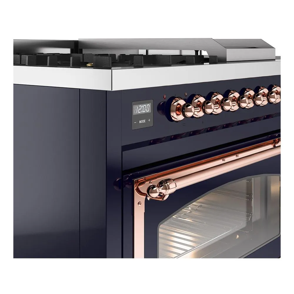 Ilve UN48FSNMPMBP Ilve Un48Fsnmpmbp Nostalgie Ii Noblesse 48" Dual Fuel Range (5 Sealed Burners   Griddle   French Top, Natural Gas, Triple Glass Door, Midnight Blue, Copper)