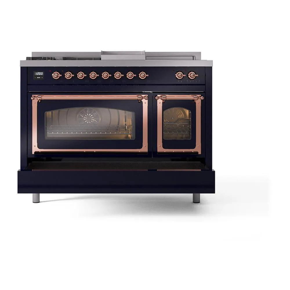 Ilve UN48FSNMPMBP Ilve Un48Fsnmpmbp Nostalgie Ii Noblesse 48" Dual Fuel Range (5 Sealed Burners   Griddle   French Top, Natural Gas, Triple Glass Door, Midnight Blue, Copper)