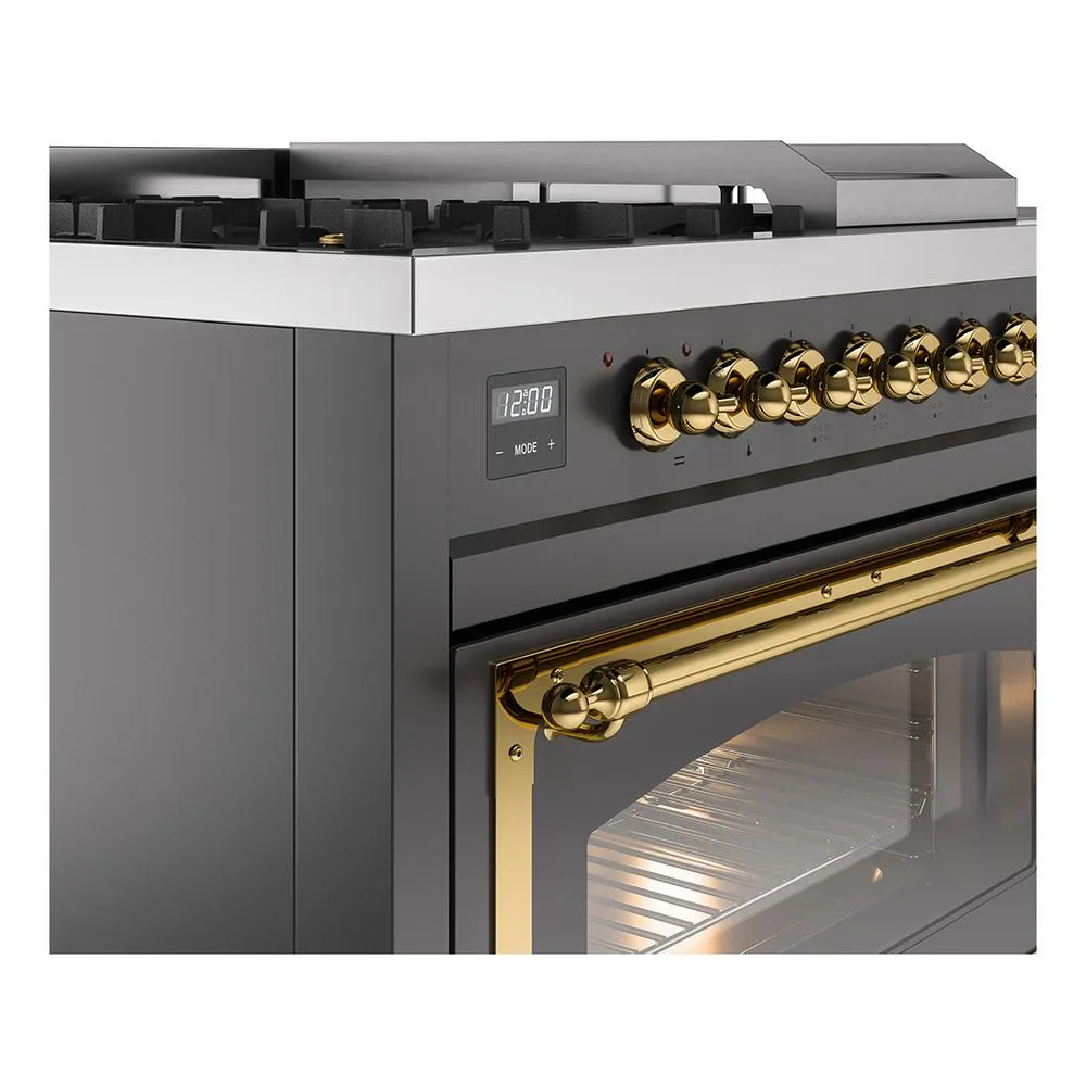Ilve UN48FSNMPMGGLP Ilve Un48Fsnmpmgglp Nostalgie Ii Noblesse 48" Dual Fuel Range (5 Sealed Burners   Griddle   French Top, Liquid Propane, Triple Glass Door, Graphite Matte, Brass)