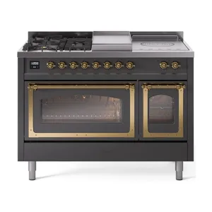 Ilve UN48FSNMPMGGLP Ilve Un48Fsnmpmgglp Nostalgie Ii Noblesse 48" Dual Fuel Range (5 Sealed Burners   Griddle   French Top, Liquid Propane, Triple Glass Door, Graphite Matte, Brass)