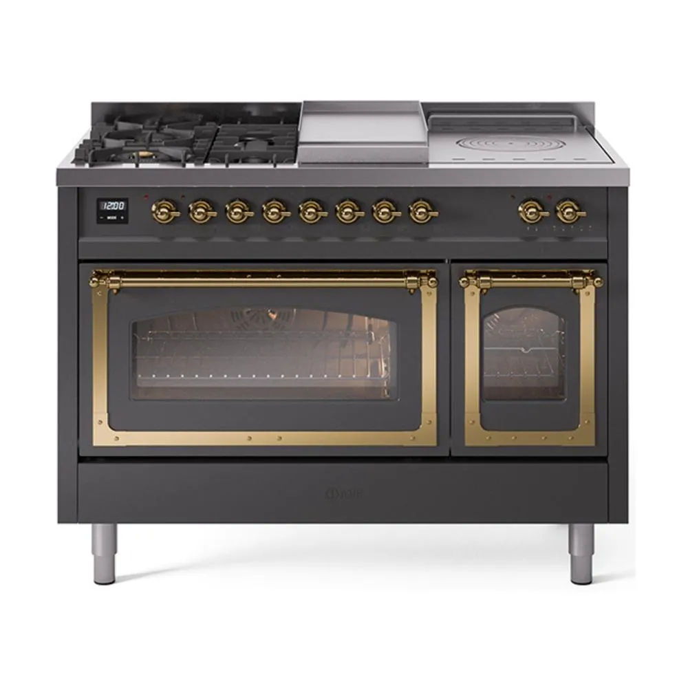 Ilve UN48FSNMPMGGLP Ilve Un48Fsnmpmgglp Nostalgie Ii Noblesse 48" Dual Fuel Range (5 Sealed Burners   Griddle   French Top, Liquid Propane, Triple Glass Door, Graphite Matte, Brass)