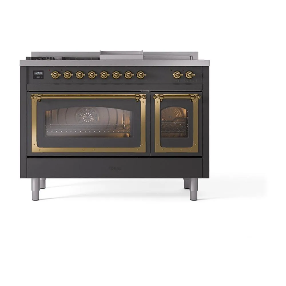 Ilve UN48FSNMPMGGLP Ilve Un48Fsnmpmgglp Nostalgie Ii Noblesse 48" Dual Fuel Range (5 Sealed Burners   Griddle   French Top, Liquid Propane, Triple Glass Door, Graphite Matte, Brass)