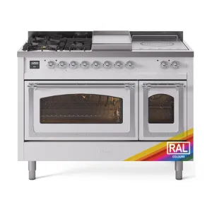 Ilve UN48FSNMPRAC Ilve Un48Fsnmprac Nostalgie Ii Noblesse 48" Dual Fuel Range (5 Sealed Burners   Griddle   French Top, Natural Gas, Triple Glass Door, Ral, Chrome)