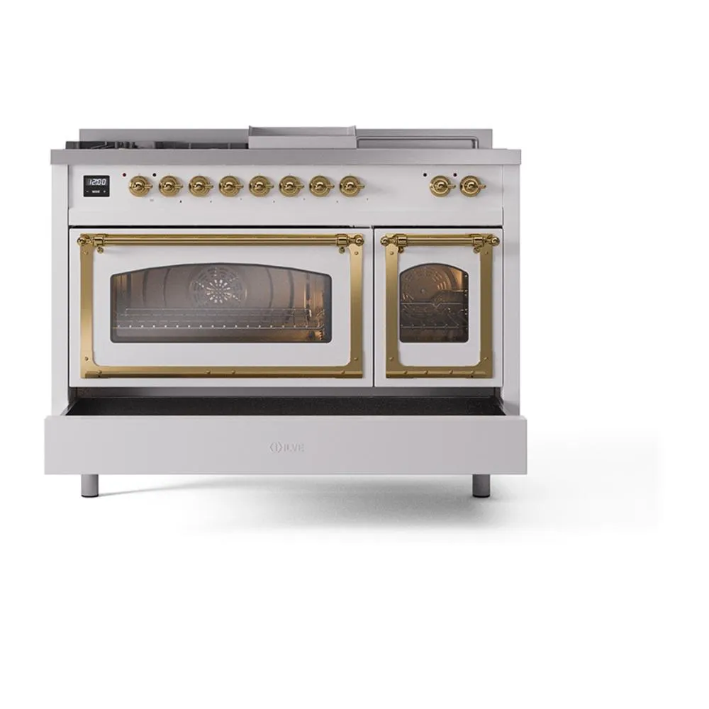 Ilve UN48FSNMPWHG Ilve Un48Fsnmpwhg Nostalgie Ii Noblesse 48" Dual Fuel Range (5 Sealed Burners   Griddle   French Top, Natural Gas, Triple Glass Door, White, Brass)