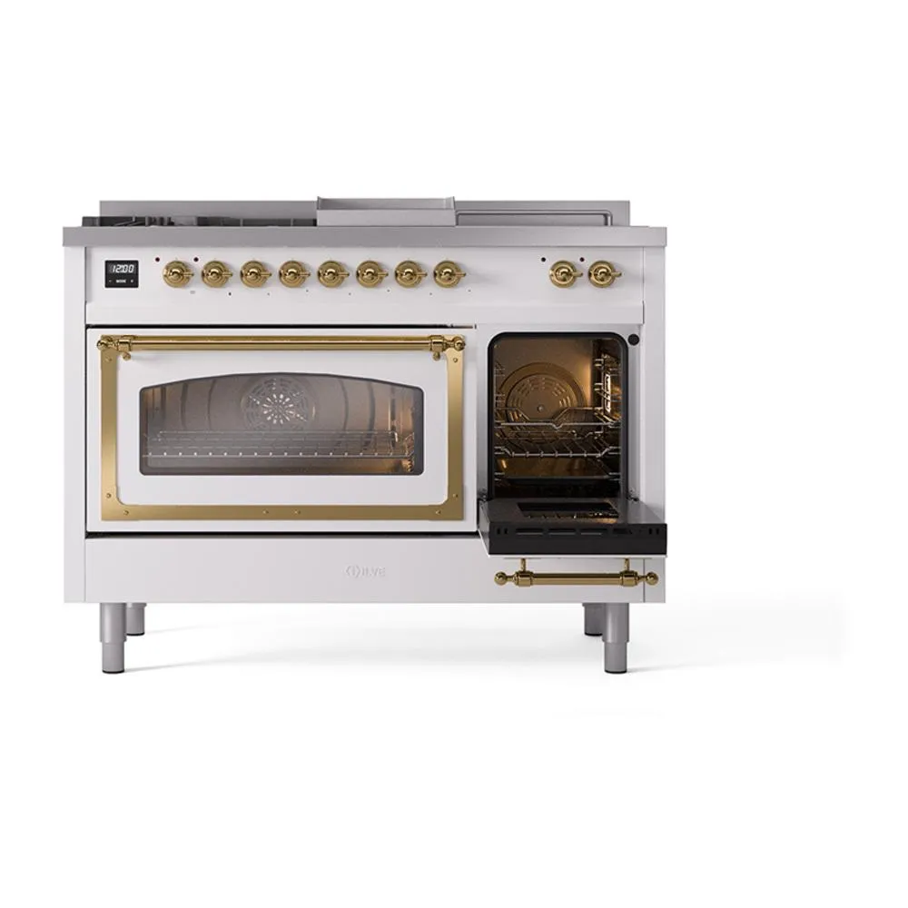 Ilve UN48FSNMPWHG Ilve Un48Fsnmpwhg Nostalgie Ii Noblesse 48" Dual Fuel Range (5 Sealed Burners   Griddle   French Top, Natural Gas, Triple Glass Door, White, Brass)