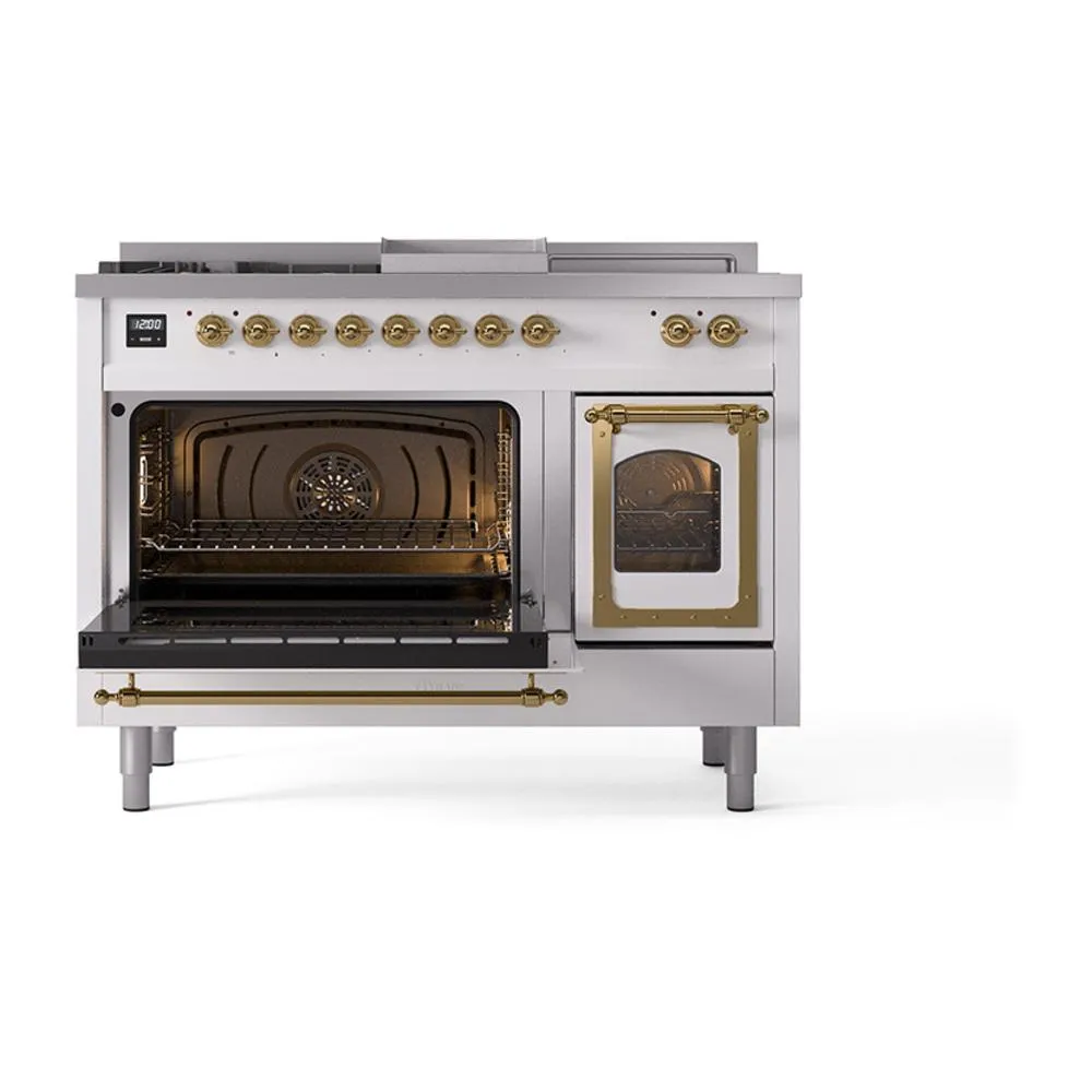 Ilve UN48FSNMPWHG Ilve Un48Fsnmpwhg Nostalgie Ii Noblesse 48" Dual Fuel Range (5 Sealed Burners   Griddle   French Top, Natural Gas, Triple Glass Door, White, Brass)
