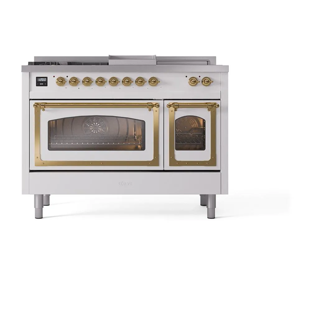 Ilve UN48FSNMPWHG Ilve Un48Fsnmpwhg Nostalgie Ii Noblesse 48" Dual Fuel Range (5 Sealed Burners   Griddle   French Top, Natural Gas, Triple Glass Door, White, Brass)