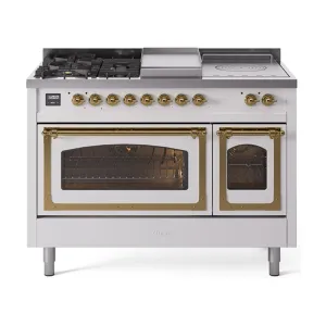 Ilve UN48FSNMPWHG Ilve Un48Fsnmpwhg Nostalgie Ii Noblesse 48" Dual Fuel Range (5 Sealed Burners   Griddle   French Top, Natural Gas, Triple Glass Door, White, Brass)