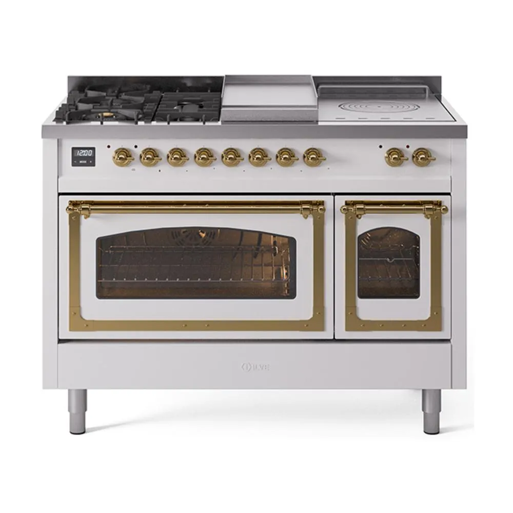 Ilve UN48FSNMPWHG Ilve Un48Fsnmpwhg Nostalgie Ii Noblesse 48" Dual Fuel Range (5 Sealed Burners   Griddle   French Top, Natural Gas, Triple Glass Door, White, Brass)
