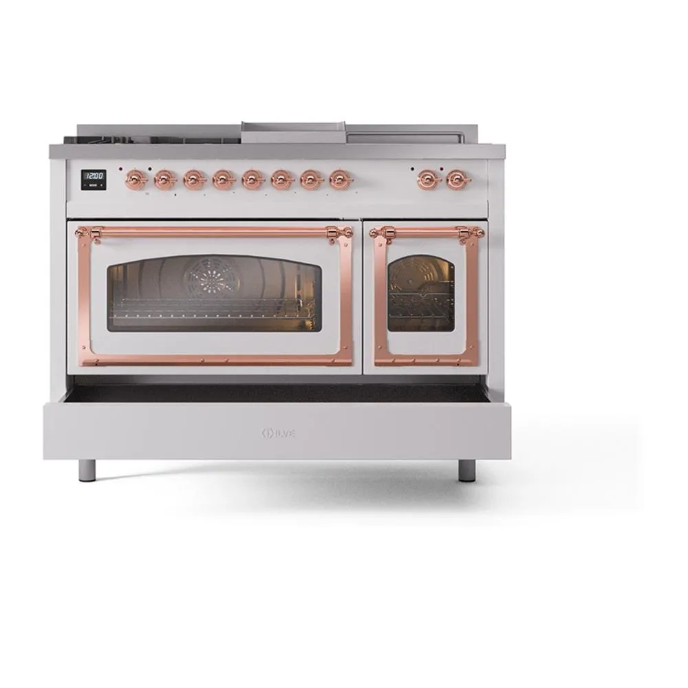 Ilve UN48FSNMPWHP Ilve Un48Fsnmpwhp Nostalgie Ii Noblesse 48" Dual Fuel Range (5 Sealed Burners   Griddle   French Top, Natural Gas, Triple Glass Door, White, Copper)