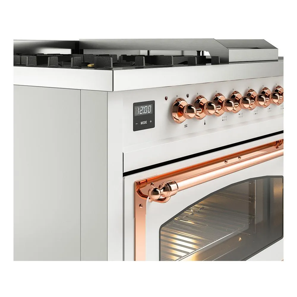 Ilve UN48FSNMPWHP Ilve Un48Fsnmpwhp Nostalgie Ii Noblesse 48" Dual Fuel Range (5 Sealed Burners   Griddle   French Top, Natural Gas, Triple Glass Door, White, Copper)