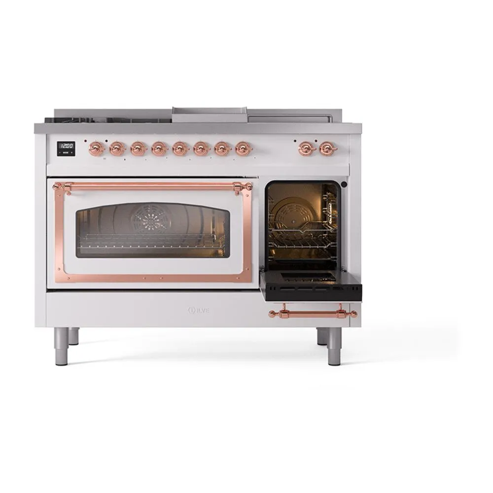 Ilve UN48FSNMPWHP Ilve Un48Fsnmpwhp Nostalgie Ii Noblesse 48" Dual Fuel Range (5 Sealed Burners   Griddle   French Top, Natural Gas, Triple Glass Door, White, Copper)