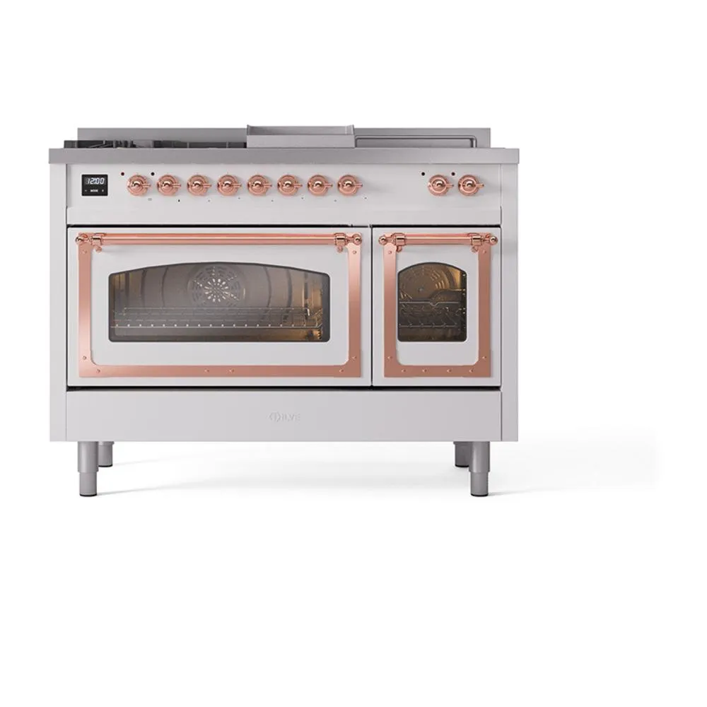 Ilve UN48FSNMPWHP Ilve Un48Fsnmpwhp Nostalgie Ii Noblesse 48" Dual Fuel Range (5 Sealed Burners   Griddle   French Top, Natural Gas, Triple Glass Door, White, Copper)