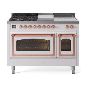 Ilve UN48FSNMPWHP Ilve Un48Fsnmpwhp Nostalgie Ii Noblesse 48" Dual Fuel Range (5 Sealed Burners   Griddle   French Top, Natural Gas, Triple Glass Door, White, Copper)