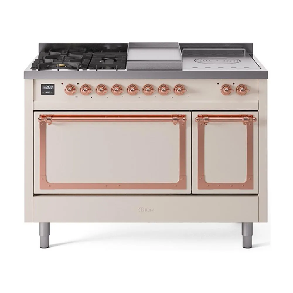 Ilve UN48FSQNMPAWPLP Ilve Un48Fsqnmpawplp Nostalgie Ii Noblesse 48" Dual Fuel Range (5 Sealed Burners   Griddle   French Top, Liquid Propane, Solid Door, Antique White, Copper)