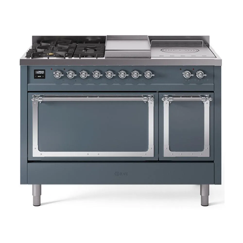 Ilve UN48FSQNMPBGC Ilve Un48Fsqnmpbgc Nostalgie Ii Noblesse 48" Dual Fuel Range (5 Sealed Burners   Griddle   French Top, Natural Gas, Solid Door, Blue Grey, Chrome)
