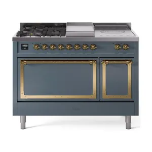 Ilve UN48FSQNMPBGGLP Ilve Un48Fsqnmpbgglp Nostalgie Ii Noblesse 48" Dual Fuel Range (5 Sealed Burners   Griddle   French Top, Liquid Propane, Solid Door, Blue Grey, Brass)
