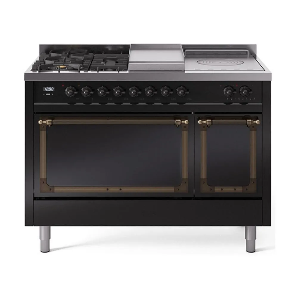 Ilve UN48FSQNMPBKBLP Ilve Un48Fsqnmpbkblp Nostalgie Ii Noblesse 48" Dual Fuel Range (5 Sealed Burners   Griddle   French Top, Liquid Propane, Solid Door, Glossy Black, Burnished)