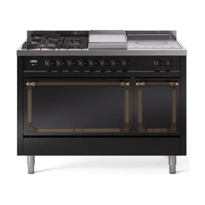 Ilve UN48FSQNMPBKBLP Ilve Un48Fsqnmpbkblp Nostalgie Ii Noblesse 48" Dual Fuel Range (5 Sealed Burners   Griddle   French Top, Liquid Propane, Solid Door, Glossy Black, Burnished)