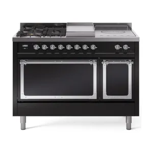 Ilve UN48FSQNMPBKCLP Ilve Un48Fsqnmpbkclp Nostalgie Ii Noblesse 48" Dual Fuel Range (5 Sealed Burners   Griddle   French Top, Liquid Propane, Solid Door, Glossy Black, Chrome)
