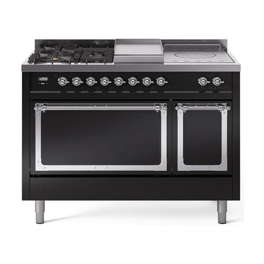 Ilve UN48FSQNMPBKCLP Ilve Un48Fsqnmpbkclp Nostalgie Ii Noblesse 48" Dual Fuel Range (5 Sealed Burners   Griddle   French Top, Liquid Propane, Solid Door, Glossy Black, Chrome)
