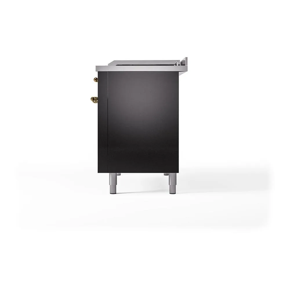 Ilve UN48FSQNMPBKG Ilve Un48Fsqnmpbkg Nostalgie Ii Noblesse 48" Dual Fuel Range (5 Sealed Burners   Griddle   French Top, Natural Gas, Solid Door, Glossy Black, Brass)
