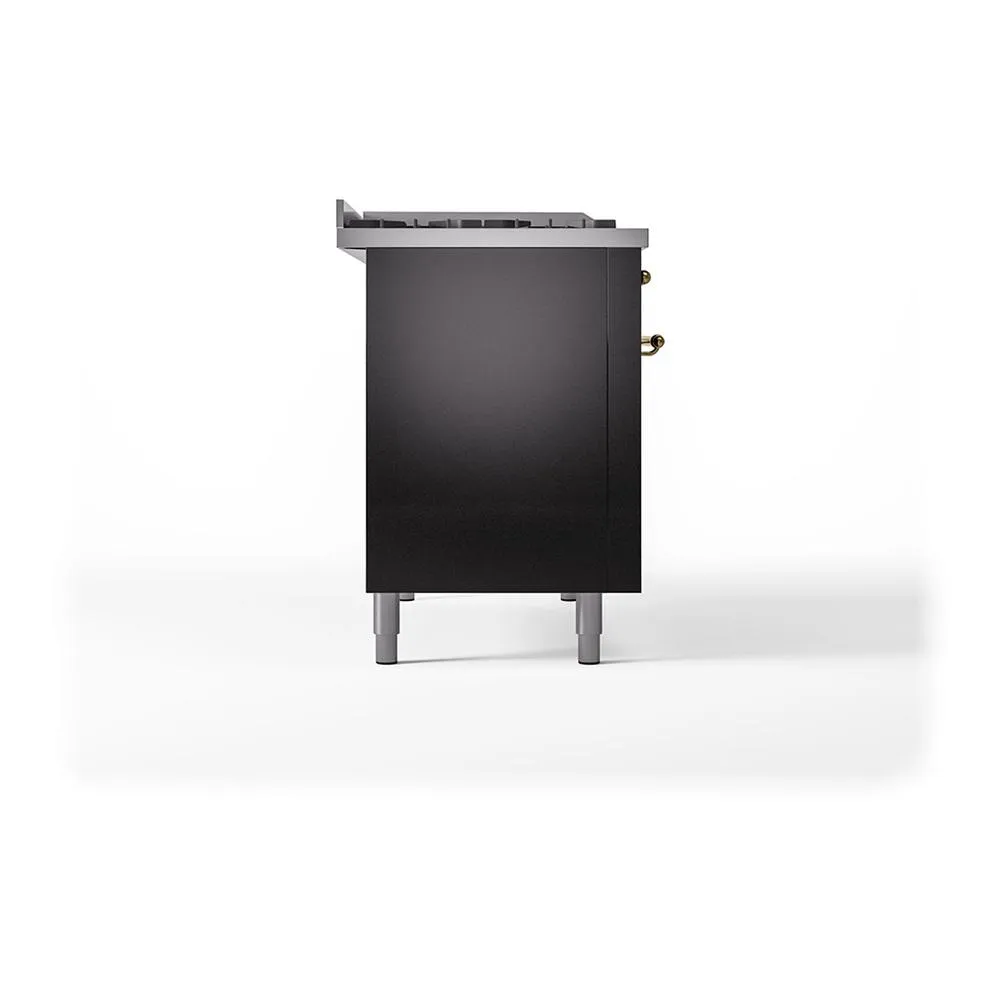 Ilve UN48FSQNMPBKG Ilve Un48Fsqnmpbkg Nostalgie Ii Noblesse 48" Dual Fuel Range (5 Sealed Burners   Griddle   French Top, Natural Gas, Solid Door, Glossy Black, Brass)