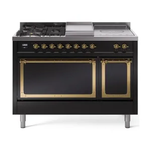 Ilve UN48FSQNMPBKG Ilve Un48Fsqnmpbkg Nostalgie Ii Noblesse 48" Dual Fuel Range (5 Sealed Burners   Griddle   French Top, Natural Gas, Solid Door, Glossy Black, Brass)