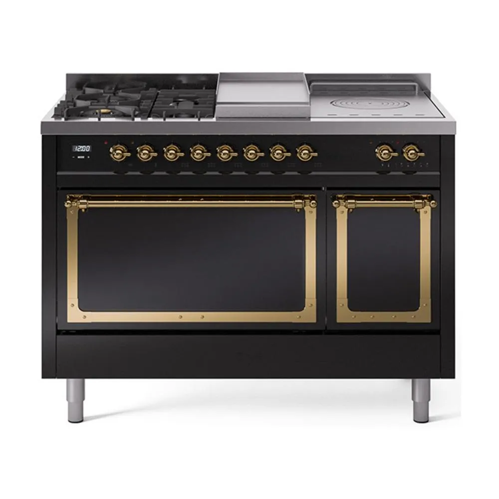Ilve UN48FSQNMPBKG Ilve Un48Fsqnmpbkg Nostalgie Ii Noblesse 48" Dual Fuel Range (5 Sealed Burners   Griddle   French Top, Natural Gas, Solid Door, Glossy Black, Brass)