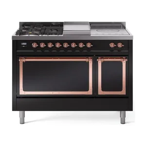 Ilve UN48FSQNMPBKPLP Ilve Un48Fsqnmpbkplp Nostalgie Ii Noblesse 48" Dual Fuel Range (5 Sealed Burners   Griddle   French Top, Liquid Propane, Solid Door, Glossy Black, Copper)