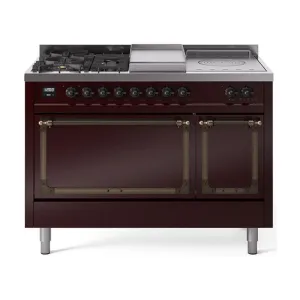 Ilve UN48FSQNMPBUBLP Ilve Un48Fsqnmpbublp Nostalgie Ii Noblesse 48" Dual Fuel Range (5 Sealed Burners   Griddle   French Top, Liquid Propane, Solid Door, Burgundy, Burnished)