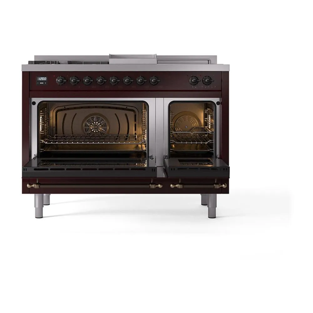 Ilve UN48FSQNMPBUBLP Ilve Un48Fsqnmpbublp Nostalgie Ii Noblesse 48" Dual Fuel Range (5 Sealed Burners   Griddle   French Top, Liquid Propane, Solid Door, Burgundy, Burnished)