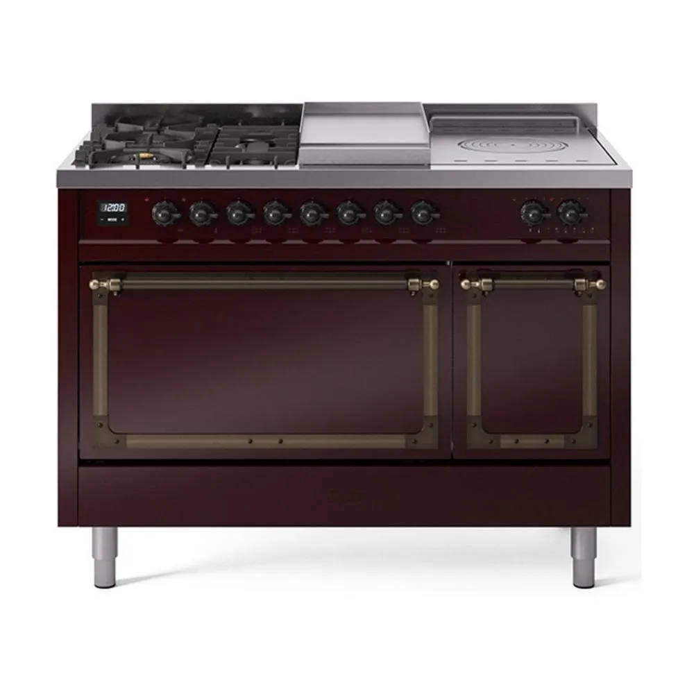 Ilve UN48FSQNMPBUBLP Ilve Un48Fsqnmpbublp Nostalgie Ii Noblesse 48" Dual Fuel Range (5 Sealed Burners   Griddle   French Top, Liquid Propane, Solid Door, Burgundy, Burnished)