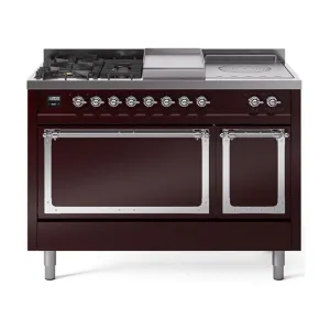 Ilve UN48FSQNMPBUC Ilve Un48Fsqnmpbuc Nostalgie Ii Noblesse 48" Dual Fuel Range (5 Sealed Burners   Griddle   French Top, Natural Gas, Solid Door, Burgundy, Chrome)