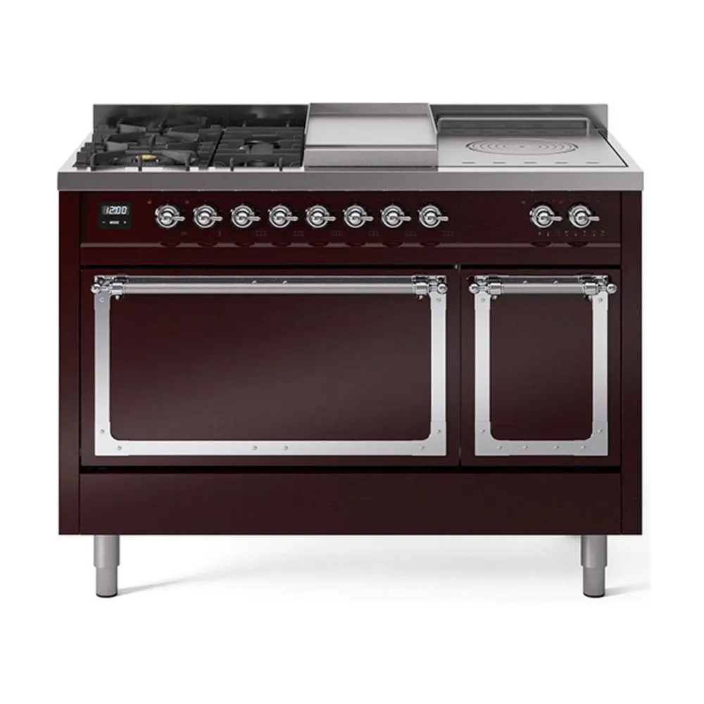 Ilve UN48FSQNMPBUC Ilve Un48Fsqnmpbuc Nostalgie Ii Noblesse 48" Dual Fuel Range (5 Sealed Burners   Griddle   French Top, Natural Gas, Solid Door, Burgundy, Chrome)